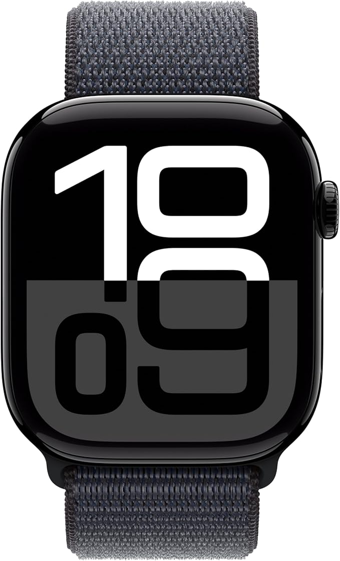 Apple Watch Series 10 GPS + Cellular 46mm – Jet Black Aluminium Case with Ink Sport Loop, Carbon Neutral ساعة آبل سيريس 10‏ GPS + Cellular مقاس 46 مم – هيكل ألومنيوم باللون الأسود النفاث مع حزام إنك سبورت لوب، معادلة للكربون