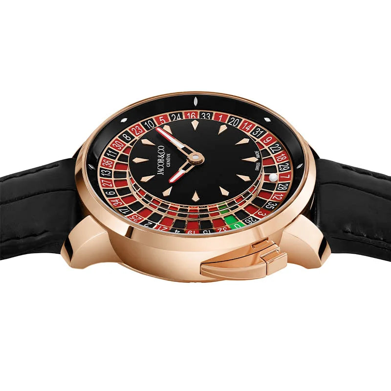 ساعة روليت فاخرة للكازينو - مينا روليت فاخر، علبة من الفولاذ المقاوم للصدأ، سوار من الجلد الأسود